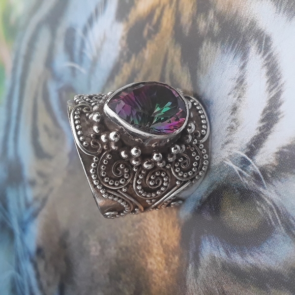 Mystic topaz Bali design Sterling silver teardrop ring sz 5.75 - Picture 5 of 12